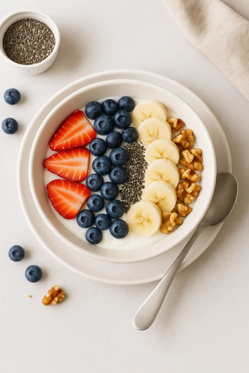 Healthy gut-supporting breakfast with yogurt, berries, banana, walnuts and chia seeds